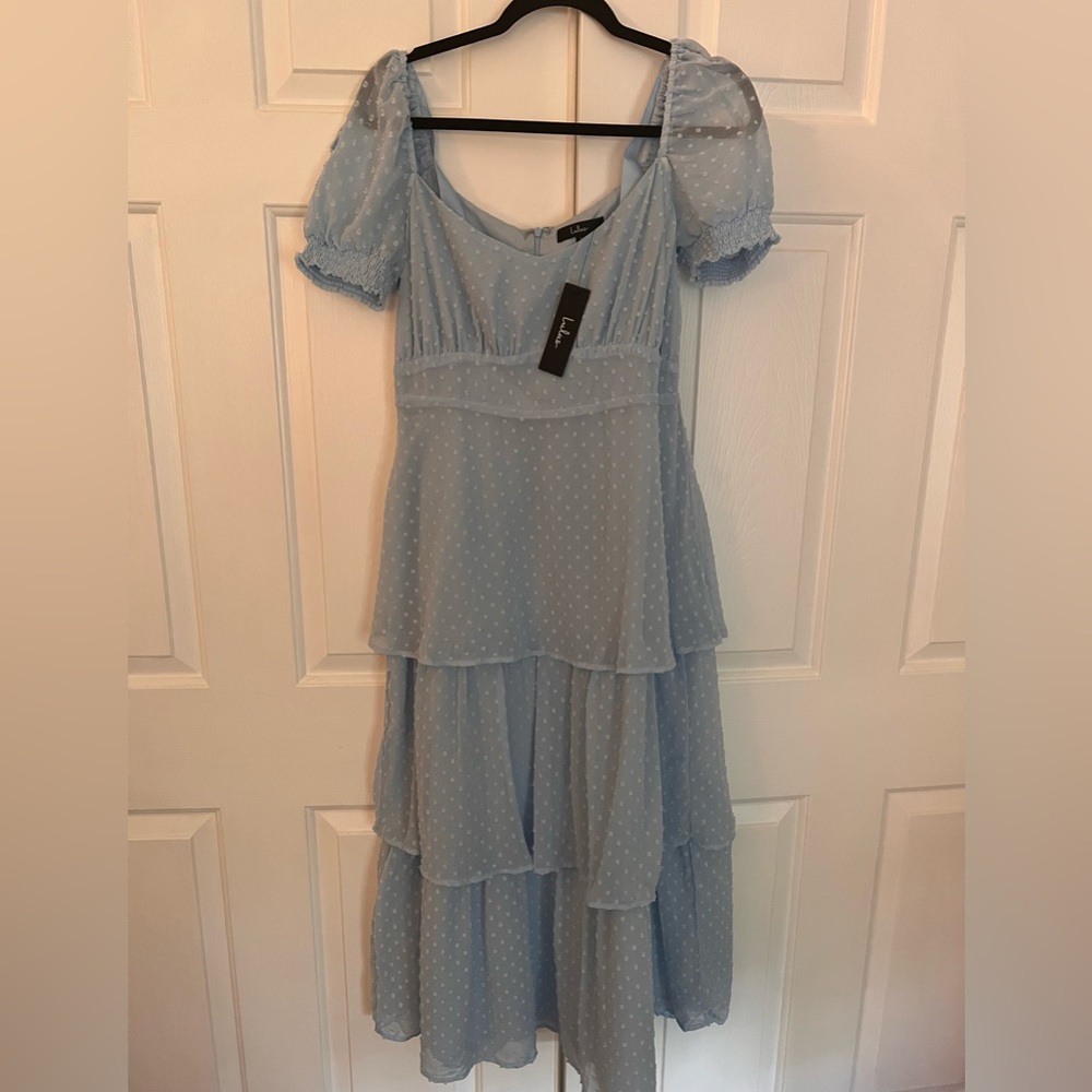 Lulus Blue Polka Dot MIDI Dress Size Medium